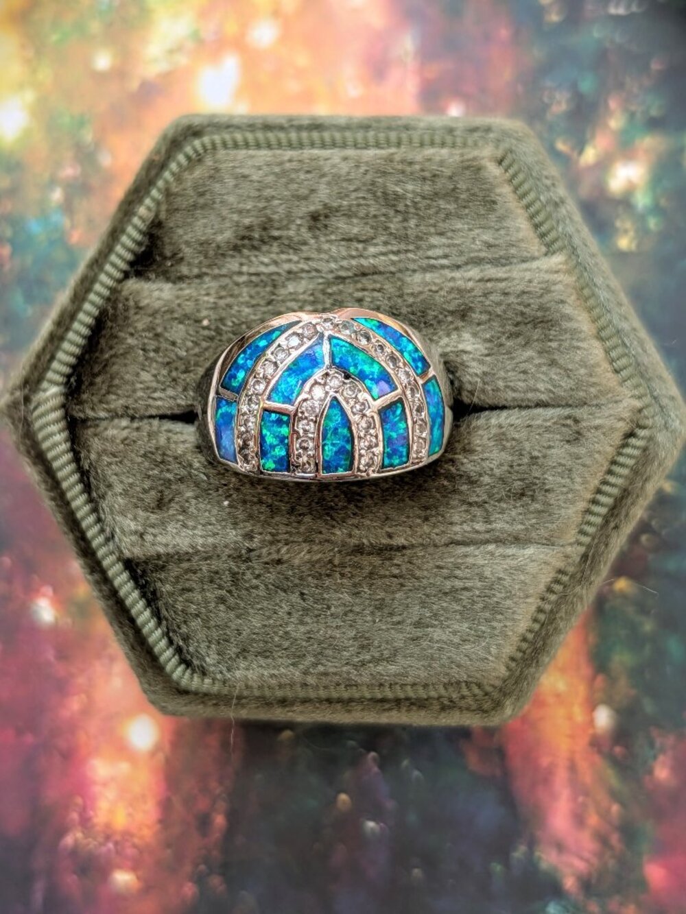 Vintage Sterling Silver & Blue Rainbow Opal Triple Arch Ring, Size 6